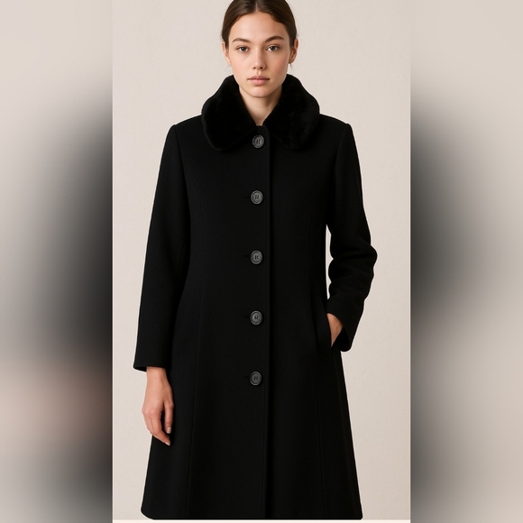 Larry Levine Wool coat size 12 Black with Fur Trim Collar - Picture 1 of 15